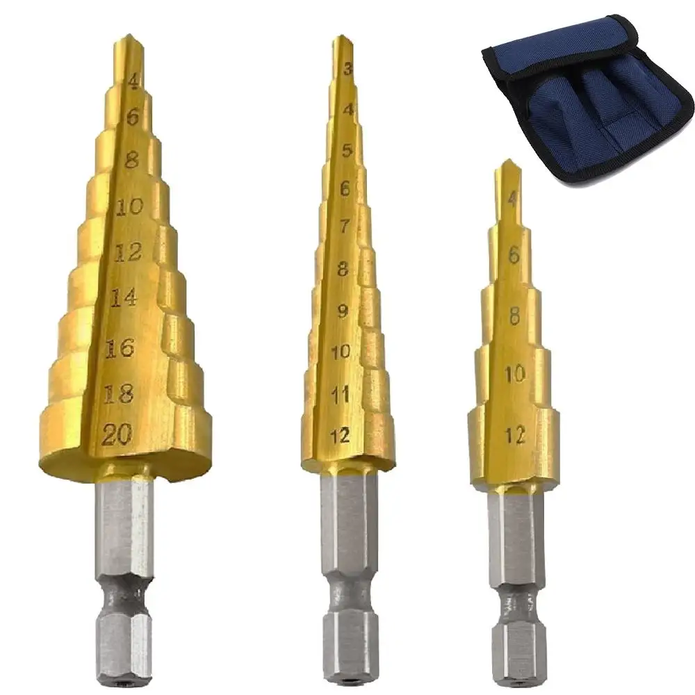 3pc Hss step drill bit set cone hole cutter Taper metric 4 - 12 / 20mm 1 / 4 "titanium coated metal hex core drill bits
3pc Hss step drill bit set cone hole cutter Taper metric 4 - 12 / 20mm 1 / 4 "titanium coated metal hex core drill bits