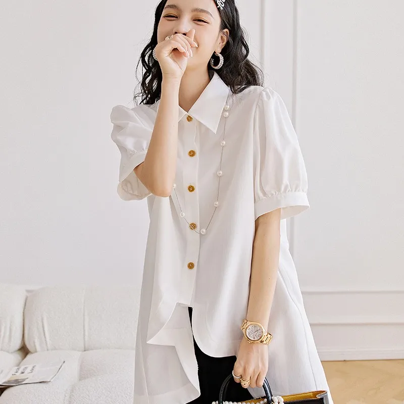 Designer Irregular White Shirt Women High Street New Summer Short Sleeve Casual Shirts Ladies Sweet Lapel Loose Button Blouses
Designer Irregular White Shirt Women High Street New Summer Short Sleeve Casual Shirts Ladies Sweet Lapel Loose Button Blouses