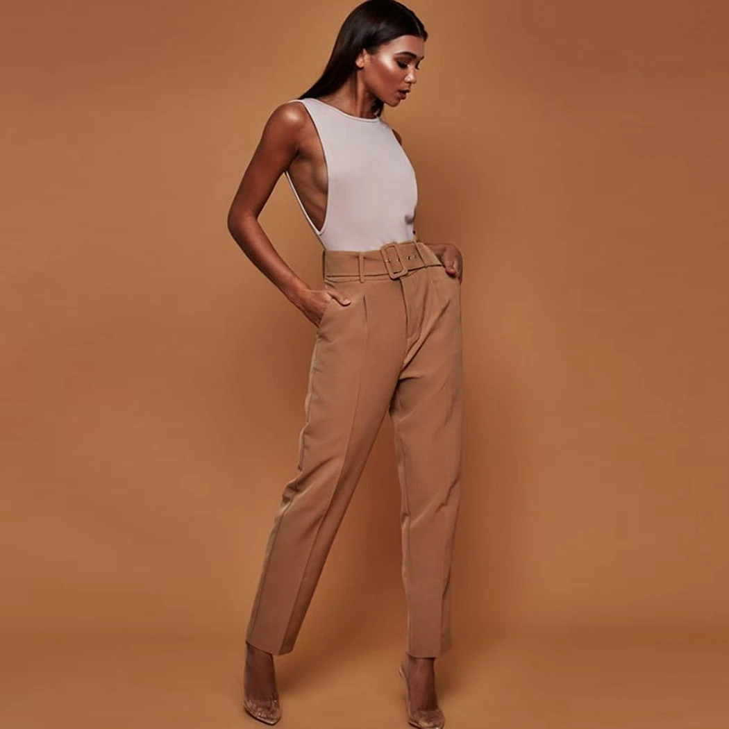 Autumn Office Women Long Pants With Belt Casual Straight Trousers High Waist Ankle-Length Pockets OL Style | Женская одежда