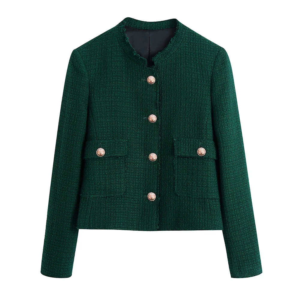 

Cropped Jacket Women 2021 Frayed Trim Vintage Elegant Office Tweed Jacket Mandarin Collar Long Sleeve Single Breasted Jackets