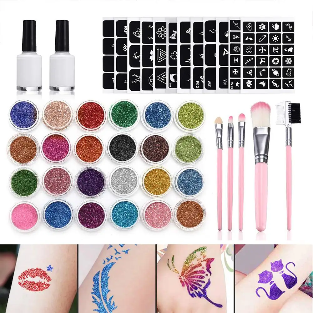 24Pcs Color 125 Templates Set Flash Diamond Glitter Flash Powder Temporary Tattoo Set Kids Adults Face Body Painting Art Tool
24Pcs Color 125 Templates Set Flash Diamond Glitter Flash Powder Temporary Tattoo Set Kids Adults Face Body Painting Art Tool