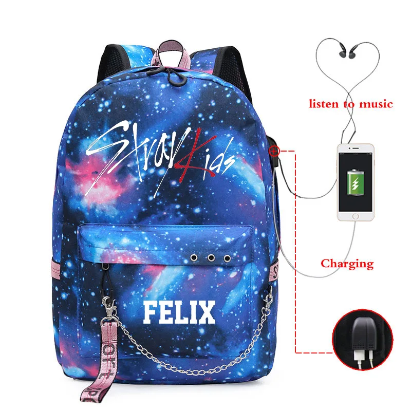 Kpop Stray Kids starry sky lightning pattern backpack USB charging large capacity Fashion kpop stray kids school travel bag
Kpop Stray Kids starry sky lightning pattern backpack USB charging large capacity Fashion kpop stray kids school travel bag