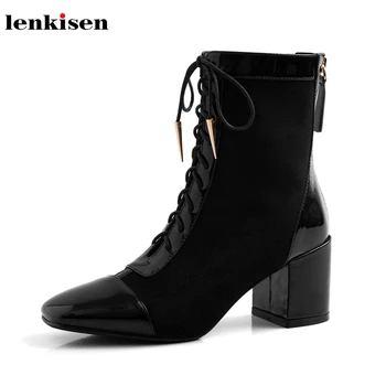 Lenkisen hot British patent leather patchwork flock high heels square toe fashion lace up winter keep warm women ankle boots L80
Lenkisen hot British patent leather patchwork flock high heels square toe fashion lace up winter keep warm women ankle boots L80