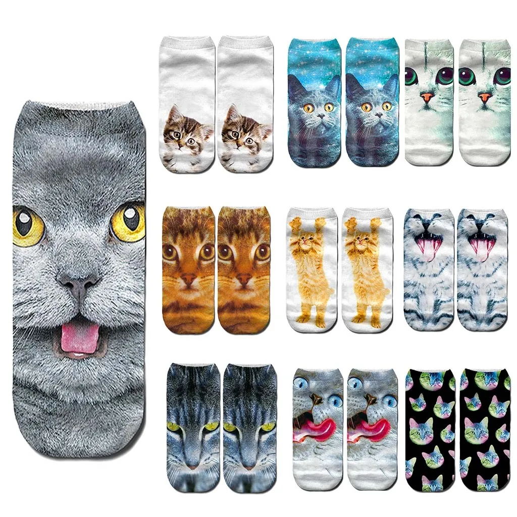 5 пар модные зимние носки для женщин 3D новинка безумный забавный кот короткие