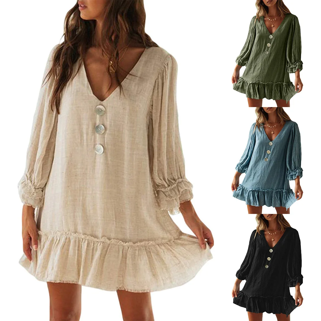 Womens Long Sleeve Bohemia Holiday Beach Sundress Solid A Line Casual Loose Ruffle Hem Cotton Linen Dress
Womens Long Sleeve Bohemia Holiday Beach Sundress Solid A Line Casual Loose Ruffle Hem Cotton Linen Dress