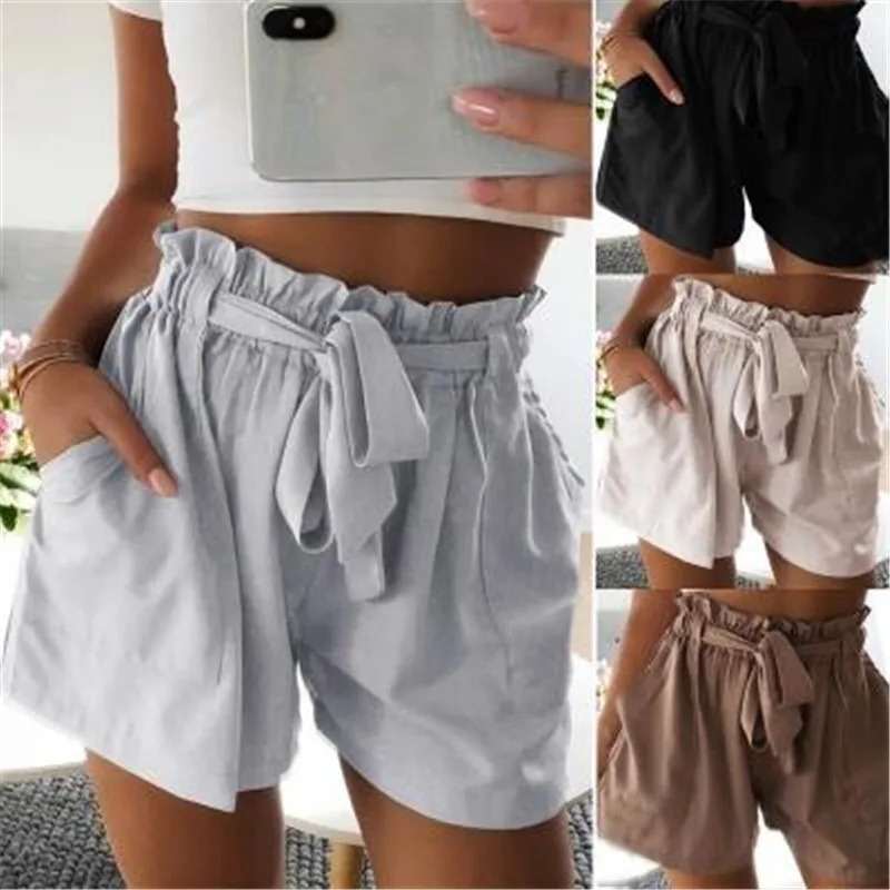 

Casual Black Tie Front Ruffle Waist Paperbag Shorts Women Summer Drawstring Solid Mid Waist Shorts Streetwear Cute Shorts