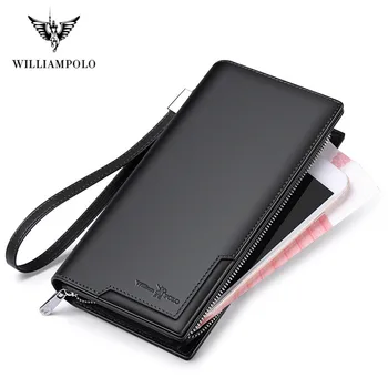 

WilliamPolo Long Wallets For Men Leather RFID Blocking Bifold Wallet with Zipper luxury brand zipper men clutches Credit Cards