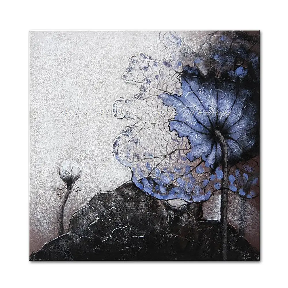 Arthyx Decorative Art Blue Silting Lotus Oil Painting On Canvas Handmade Modern Flowers Pictures For Living Room Home Decoration | Дом и сад