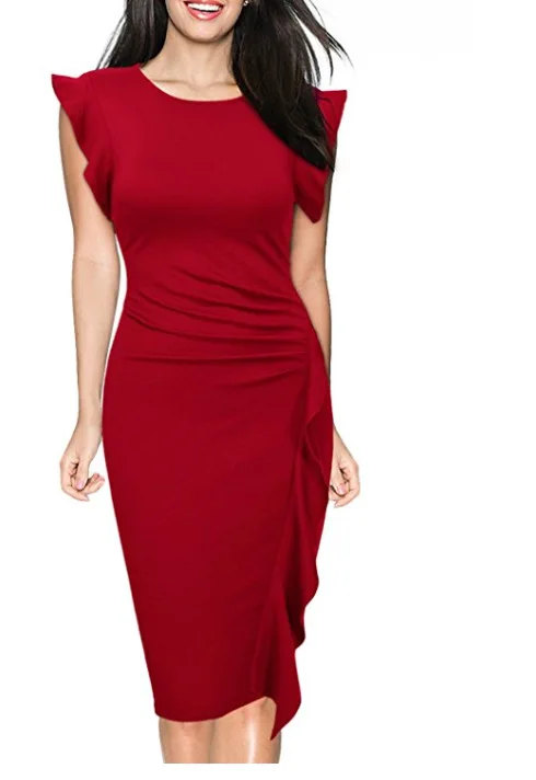 Женское платье с круглым вырезом Ms. однотонное облегающее тонкое рукавами в виде
