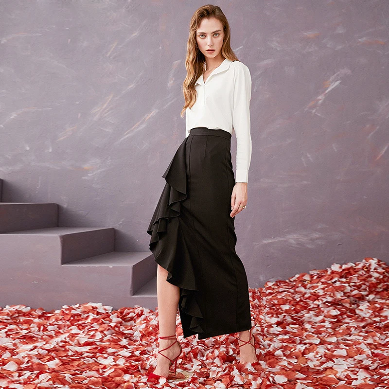 Top Brand Fashion Women's Runway Set 2020 New Spring Elegant Office Lady Two Piece Outfits White Blouse and Ruffles Long Skirt |