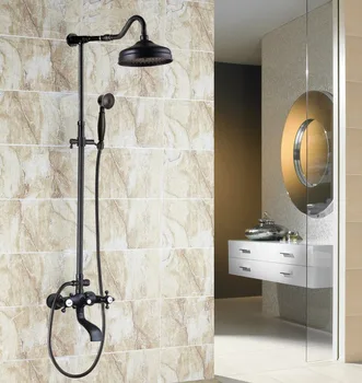 

Black Oil Rubbed Brass Shower Faucets Set 8'' Rainfall Shower Head Dual Handle Mixer Tap Swivel Tub Spout Bath Shower zhg603