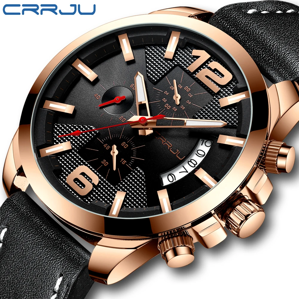 Фото Мужские часы Crrju мужские модные спортивные с хронографом военные кожаным