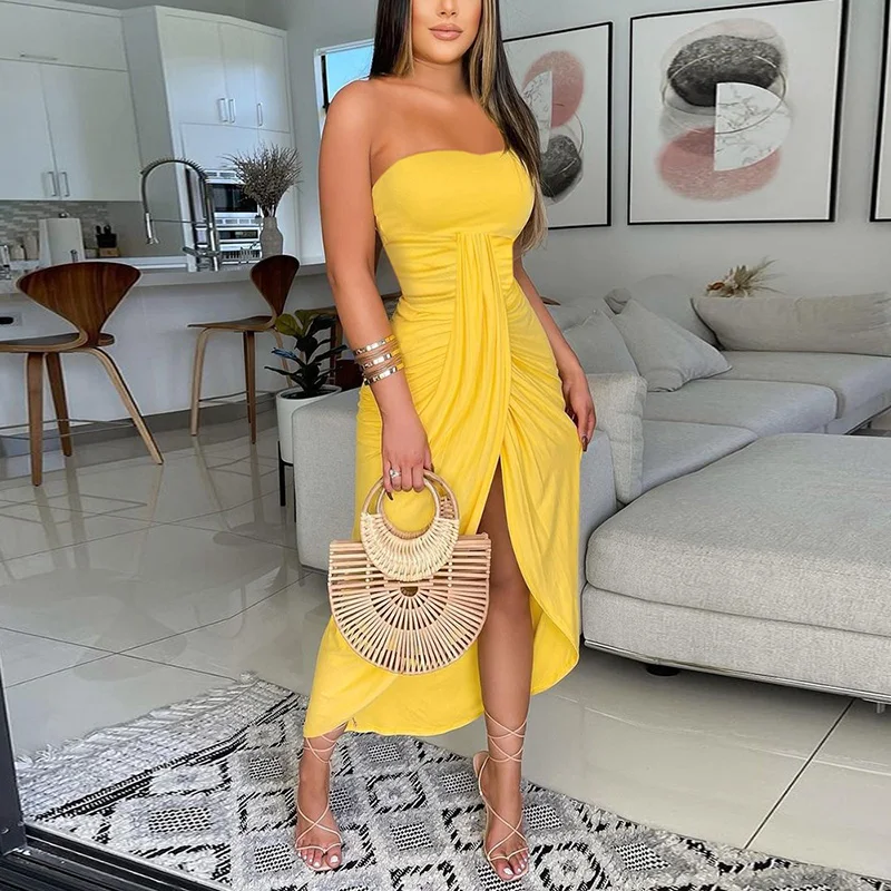 Elegant Women Strapless Dress Solid Color Off-Shoulder Sleeveless Ruched High Waist Slit Dress Party Summer Lady Vestido
Elegant Women Strapless Dress Solid Color Off-Shoulder Sleeveless Ruched High Waist Slit Dress Party Summer Lady Vestido