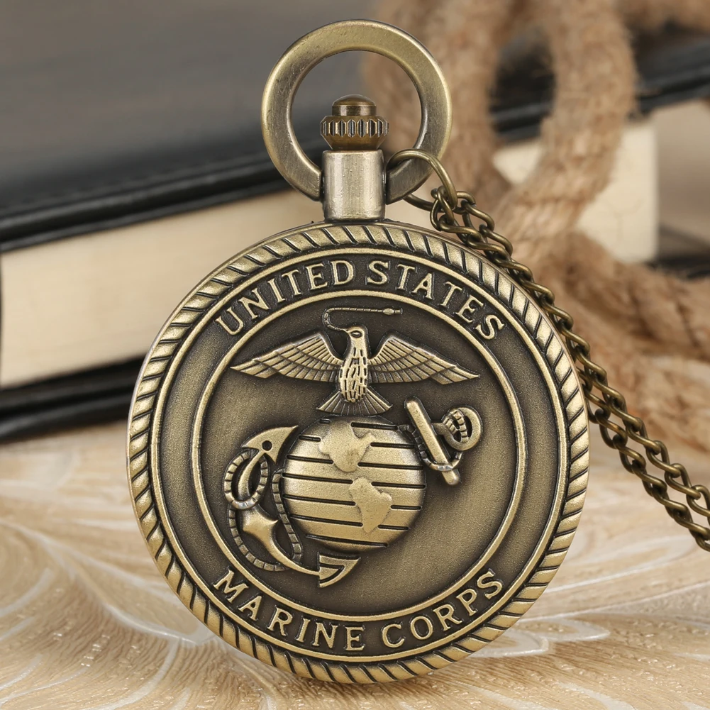 

Bronze US United States Marine Corps Theme 3D Pocket Watch With Necklace Chain Pendant Chain Men Women Pendant Watch Clock