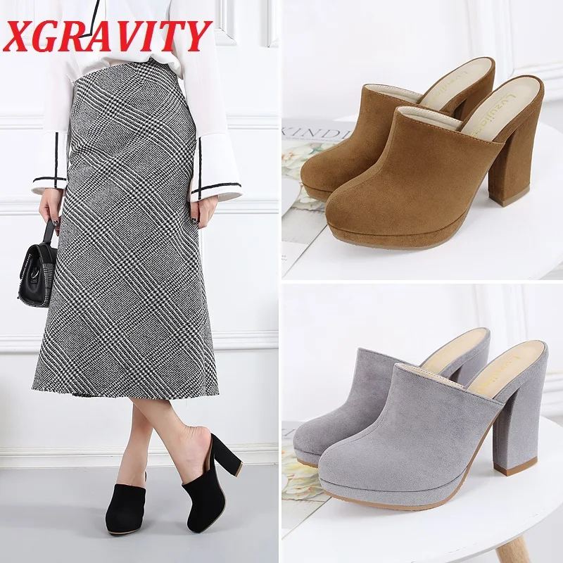 

XGRAVITY New Summer Shoes Elegant Fashion Closed Toe Mules 10cm High Heel Height Women Shoes Lady Chunky Slides Female Slippers