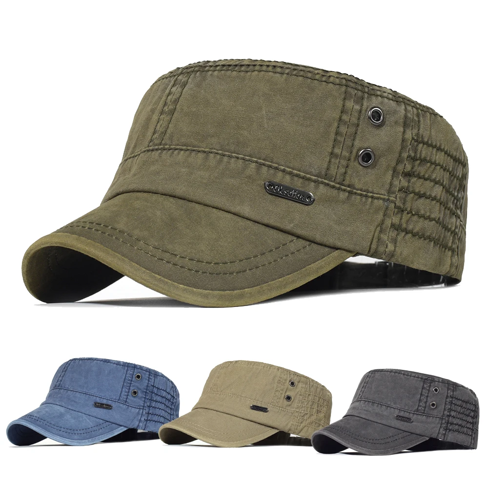 

Washed Cotton Military Caps Men Women Cadet Army Cap Unique Design Vintage Flat Top Hat