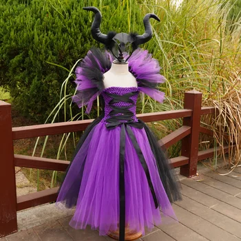 

Movie Maleficent Girls Witch Tutu Dress Halloween Costume Girls Princess Dress Scallop Starfish Applique Flower Mesh Tutu Dress