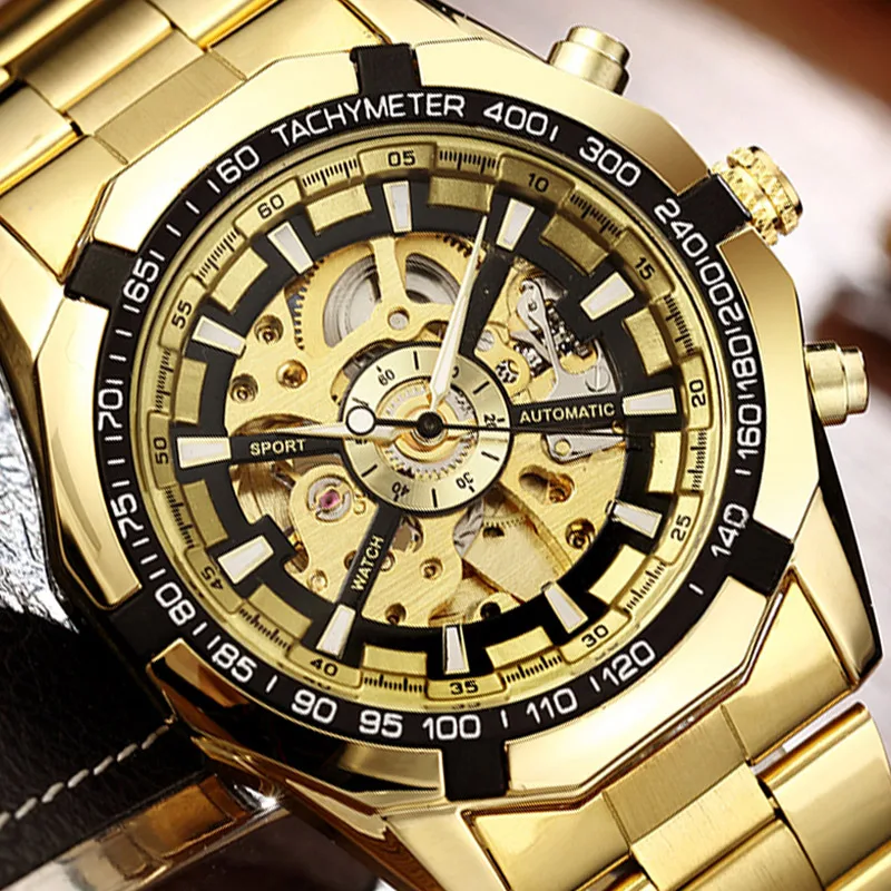 

Skeleton Automatic Mechanical Watch Winner Gold Men Watches Stainless Steel Bracelet Sports Luxury Male Clock Chinese Wristwatch