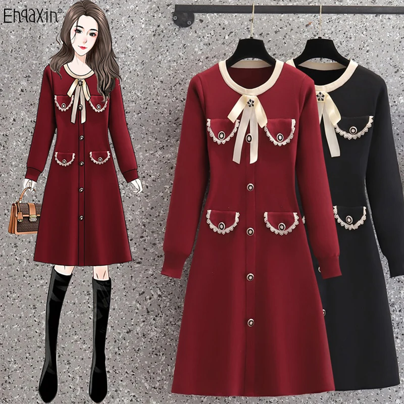 

EHQAXIN Winter Women's Knitted Dresses Fashion French Bowknot All-Match A-Shaped Buttons Sweater Dress Female M-4XL