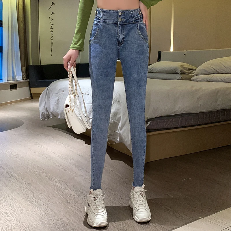 

Jeans for women Blue High waist elastic Soft Long Pants female tight trousers burrs nine points feet pants denim sundress