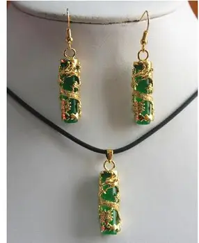 

Free Shipping unique 18kgp dragon inlay green cylinder natural stone pendant & earrings sets