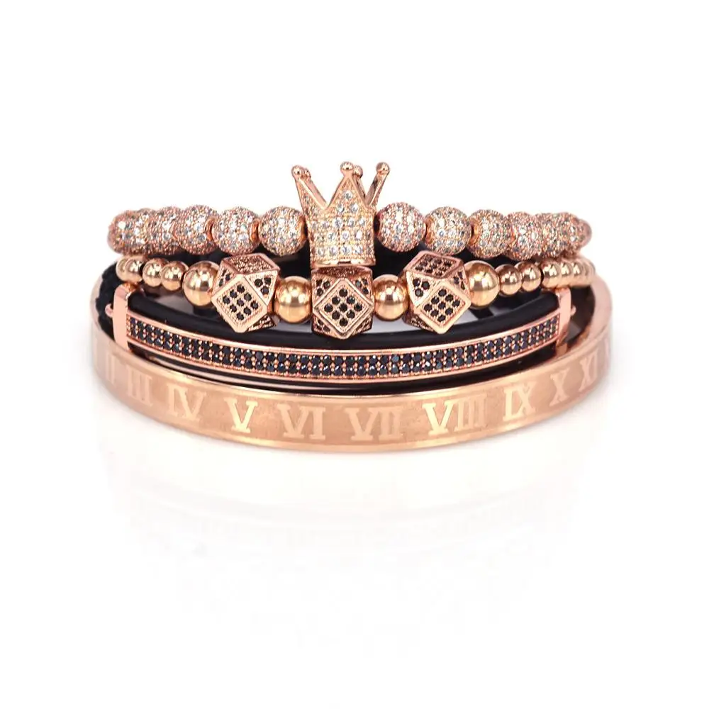 4Pcs/Set Hip Hop Rose Gold Braided hyperbole Bracelet Men Pave CZ Zircon Crown Roman Numeral Luxury Jewelry Dropship | Украшения и