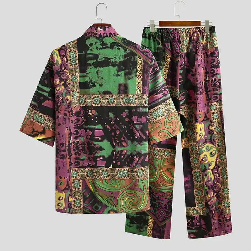 Men's Pajamas Sets Kimono Printed Cotton Half Sleeve V Neck Lace Up Sleepwear Pants Japanese Leisure Men Nightwear Suit INCERUN Men's Pajamas Sets Kimono Printed Cotton Half Sleeve V Neck Lace Up Sleepwear Pants Japanese Leisure Men Nightwear Suit INCERUN