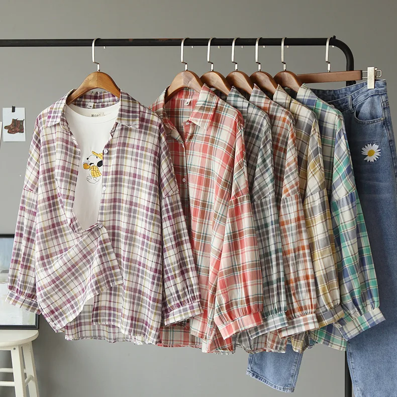 FY001 Matching thin early summer size check Lapel single-row button-down long-sleeve sun-proof shirt jacket woman FY001 Matching thin early summer size check Lapel single-row button-down long-sleeve sun-proof shirt jacket woman