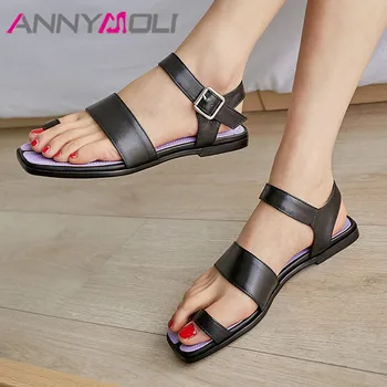 ANNYMOLI Flip Flop Sandals Real Leather Flat Shoes Buckle Strap Sandals Casual Square Toe Female Footwear Summer Black Brown 39 
ANNYMOLI Flip Flop Sandals Real Leather Flat Shoes Buckle Strap Sandals Casual Square Toe Female Footwear Summer Black Brown 39
