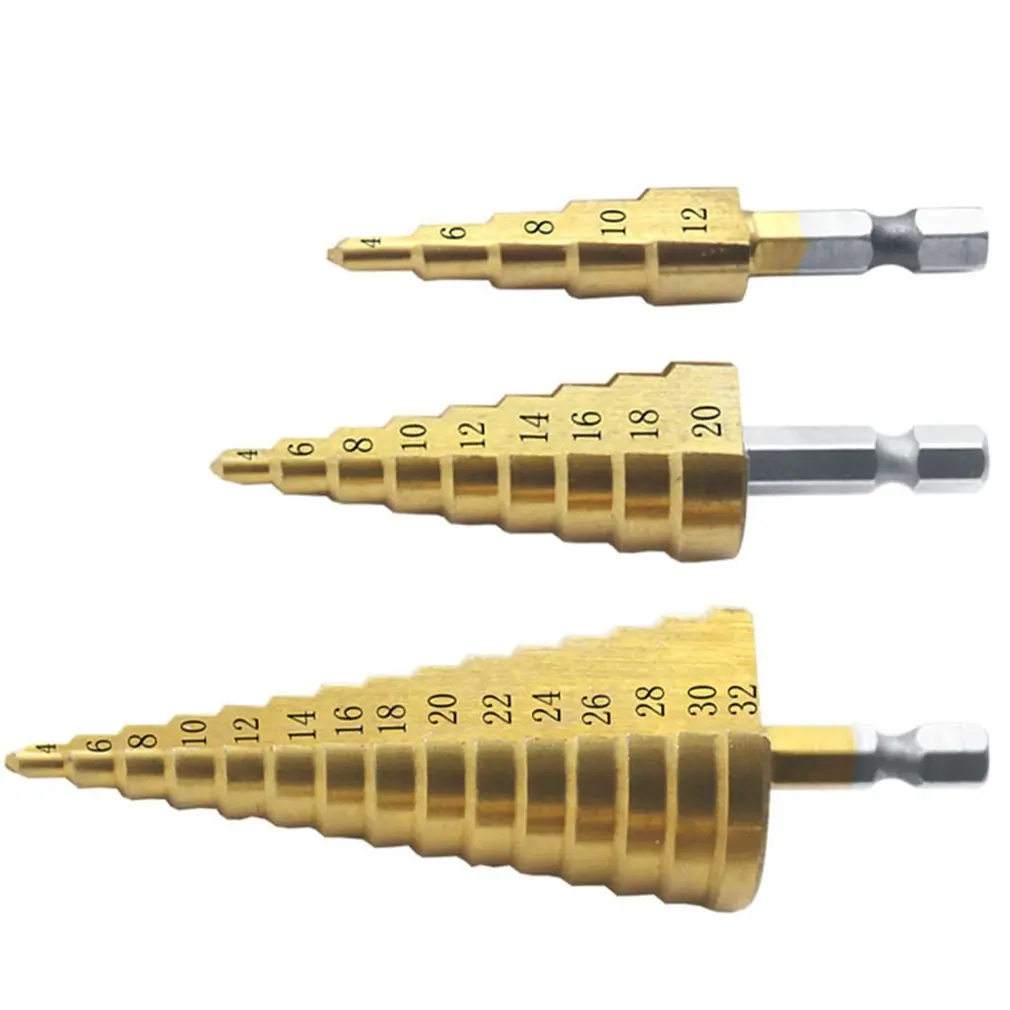 HSS Titanium Coated Step Drill Bit Drilling Power Tools 4-12 4-20 4-32 Metal High Speed Steel Wood Hole Cutter Cone Drill
HSS Titanium Coated Step Drill Bit Drilling Power Tools 4-12 4-20 4-32 Metal High Speed Steel Wood Hole Cutter Cone Drill