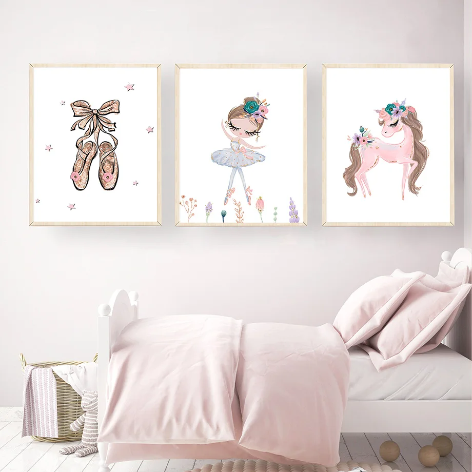 Cute Shoes Ballet Girl Unicorn Swan Nursery Nordic Posters And Prints Wall Art Canvas Painting Wall Pictures Kids Room Decor