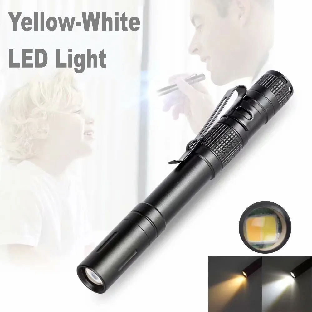 

White yellow two-color Light medical household lamp mini 2x AAA 1W pen clip emergency lighting gift LED flashlight