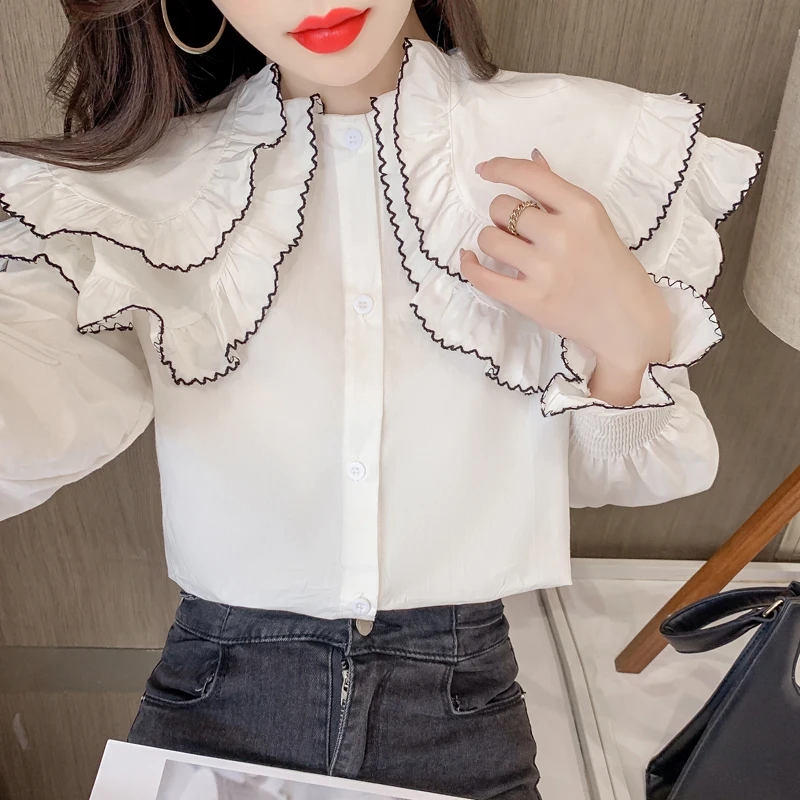 

Korean Vintage Sweet Women's Shirt Long Sleeve Ruffles White Blouses Women Casual Peter Pan Collar Tops Cotton Elegant New 16967