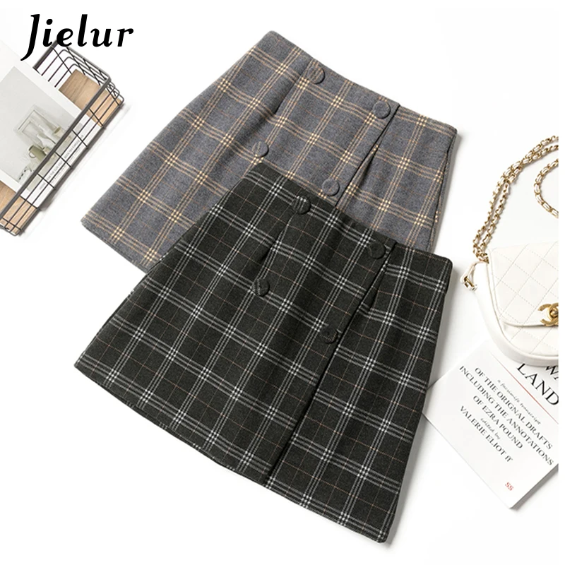 

Jielur Plaid Woolen Mini Skirts Womens Autumn Winter 2021 Slim New Chic Saia Faldas Women Skirt High Waist Button A-line Skirts