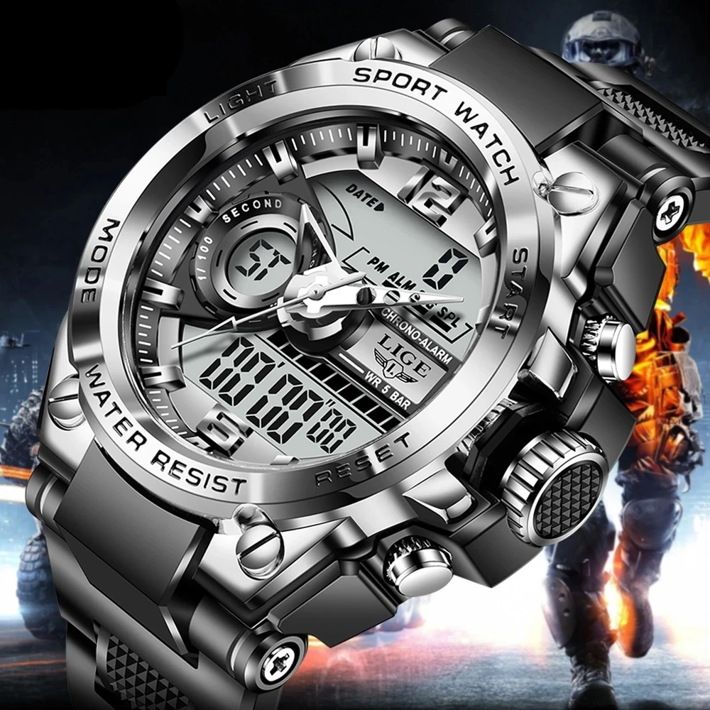 

LIGE Men Digital Quartz Watch 50M Waterproof Alarm Men Military WristWatch Dual Display Clock Sport Watches Relogio Masculino