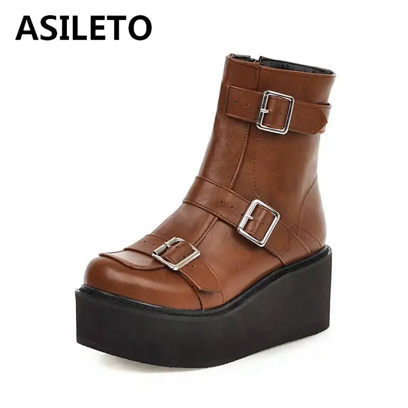 

ASILETO Women Motorcycle Autumn Coarse Heel Platform Round Toe Bukle Zipper Faux leather Big size 33-46 height increasing S1676