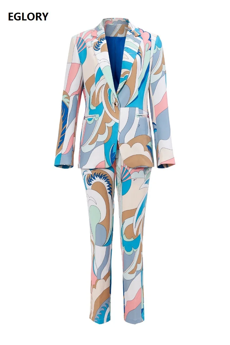 Фото High Quality Blazer Sets 2021 Autumn Women Abstract Prints Coats+Skinny Long Pants Female Casual 2 Piece Suits | Женская одежда