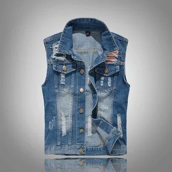 

2020 New Frayed Ripped Jean Jacket Men's Fashion Casual Embroidery Patches Men's Denim Waistcoat Man Sleeveless Slim Denim Vest