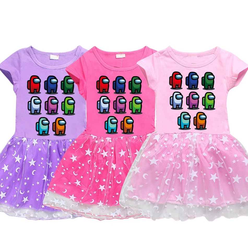 

Summer Dresses For Girls Cartoon Short Sleeve Stars Printing Tutu Dress Children Tops Among Us Crewmate Clothing