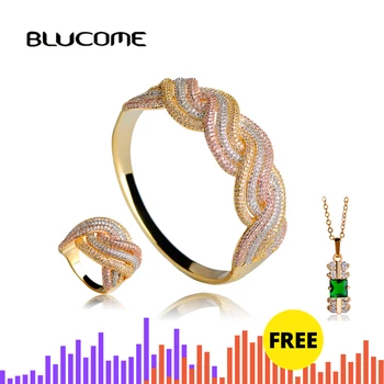 Blucome Luxury Water Ripple Twist Tricolor Copper Large Bangle Ring Shiny Zircon Jewelry Set For Women Wedding Accessories Gifts 
Blucome Luxury Water Ripple Twist Tricolor Copper Large Bangle Ring Shiny Zircon Jewelry Set For Women Wedding Accessories Gifts