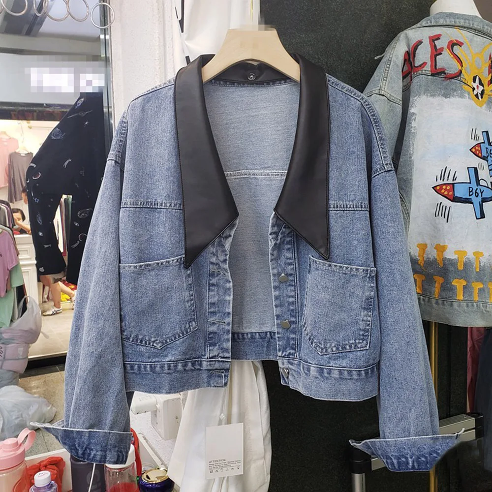 Women's Jackets Short Color Block PU Neck Fashion Pockets Button 2020 Autumn Casual Long Sleeves Korean Loose Jacket Coats
Women's Jackets Short Color Block PU Neck Fashion Pockets Button 2020 Autumn Casual Long Sleeves Korean Loose Jacket Coats