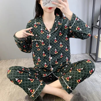 Women's Sleepwears Silk Pajama with Long sleeves Fall pajamas Sexy Sleepwear Women Print Sleepshirts Female Sleepshirt Cartoon 
Women's Sleepwears Silk Pajama with Long sleeves Fall pajamas Sexy Sleepwear Women Print Sleepshirts Female Sleepshirt Cartoon