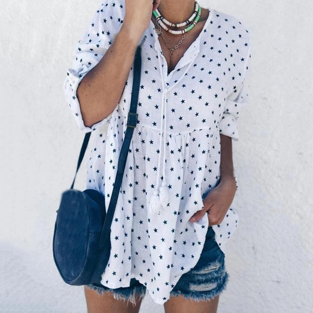 2019 Women's Little Star Print V-neck Shirts Bohemian Style Solid Color Blouse Ladies Loose Long Sleeve Shirts Blusas Ropa Mujer 
2019 Women's Little Star Print V-neck Shirts Bohemian Style Solid Color Blouse Ladies Loose Long Sleeve Shirts Blusas Ropa Mujer