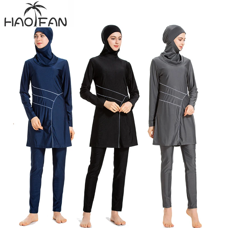 HAOFAN Muslim Swimwear conservative solid color ladies swimsuit with hat elegant thin beachwear with cap three-piece swimsuit
HAOFAN Muslim Swimwear conservative solid color ladies swimsuit with hat elegant thin beachwear with cap three-piece swimsuit