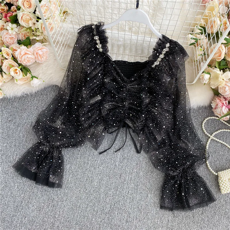 Square Collar Mesh Chiffon Blouse Women Sequin Bling Sexy Crops Tops Long Sleeve Pleated Drawstring Ruffles Short Blouses
Square Collar Mesh Chiffon Blouse Women Sequin Bling Sexy Crops Tops Long Sleeve Pleated Drawstring Ruffles Short Blouses