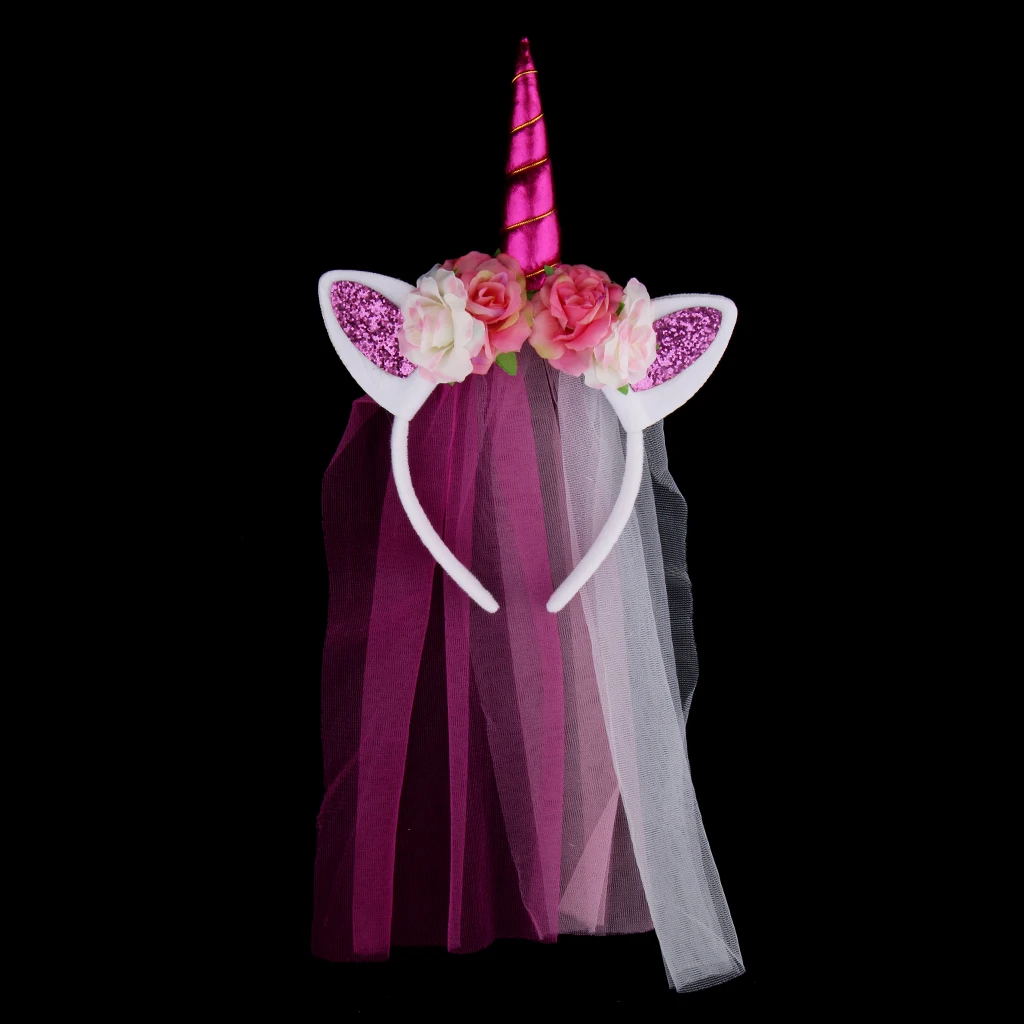Unicorn Horn Ears Flower Headband with Veil Cosplay Costume Birthday Party Gift Unicorn Horn Ears Flower Headband with Veil Cosplay Costume Birthday Party Gift