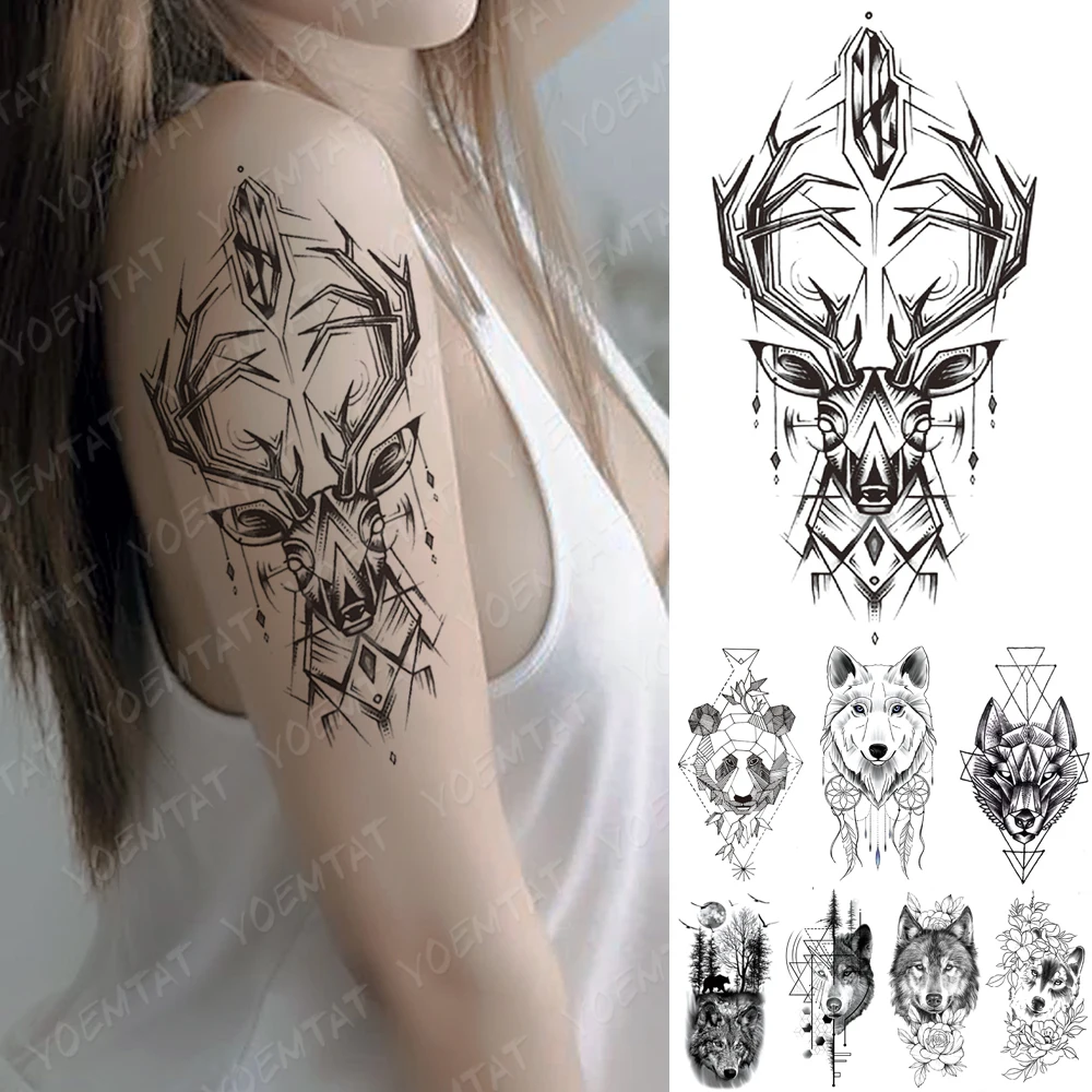 

Waterproof Temporary Tattoo Sticker Line Geometry Fox Panda Wolf Tattoos Deer Flowers Body Art Arm Fake Sleeve Tatoo Women Men