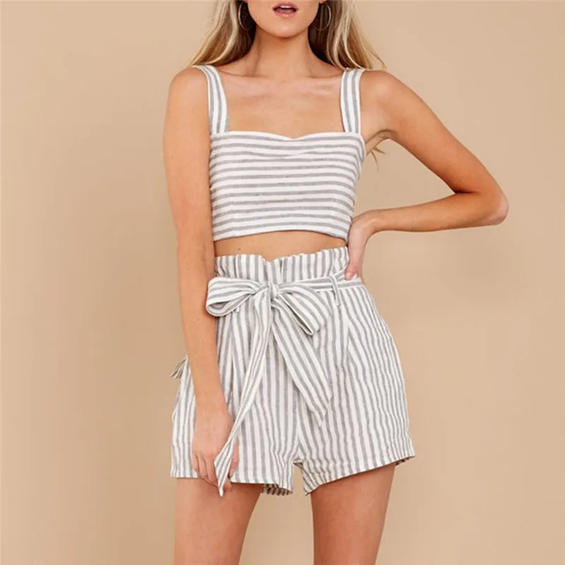 Summer Women Short Pants Suit Plus Size Fashion Slash Neck Striped Crop Top Loose Bandage Short Pants Suit Femme Sets With Belt
Summer Women Short Pants Suit Plus Size Fashion Slash Neck Striped Crop Top Loose Bandage Short Pants Suit Femme Sets With Belt