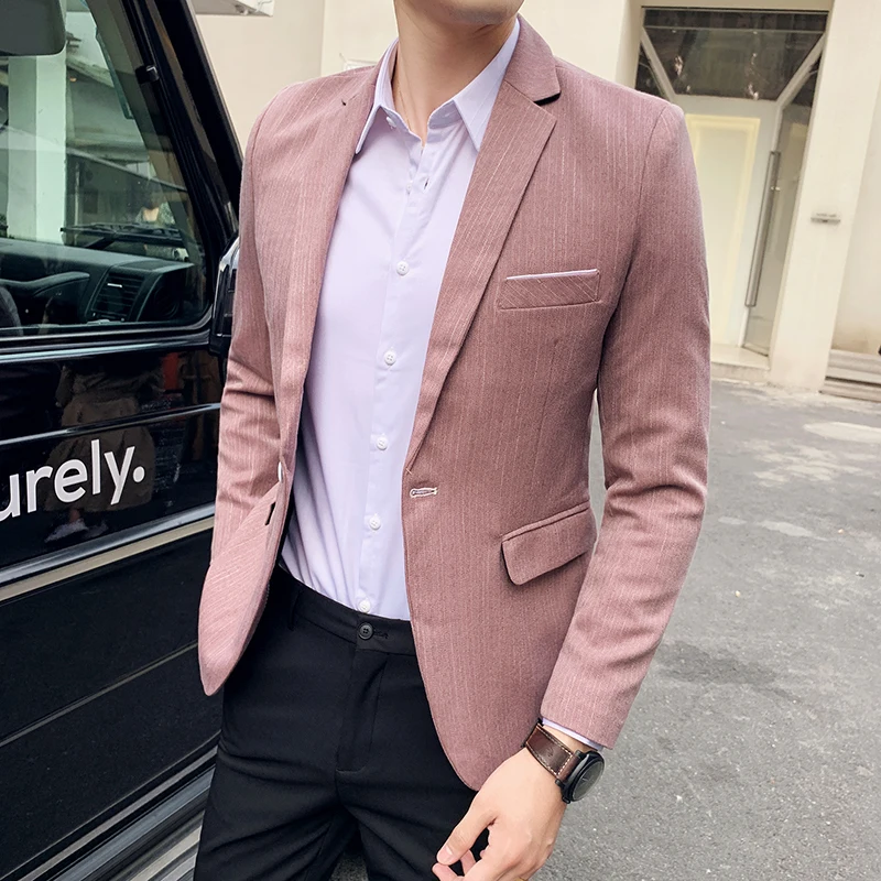 Mens Blazer Jacket 2020 New Fashion Suit Coat Pink Green Coffee Pinstripe Solid One Button Casual Slim Fit blazer masculino Sale | Мужская