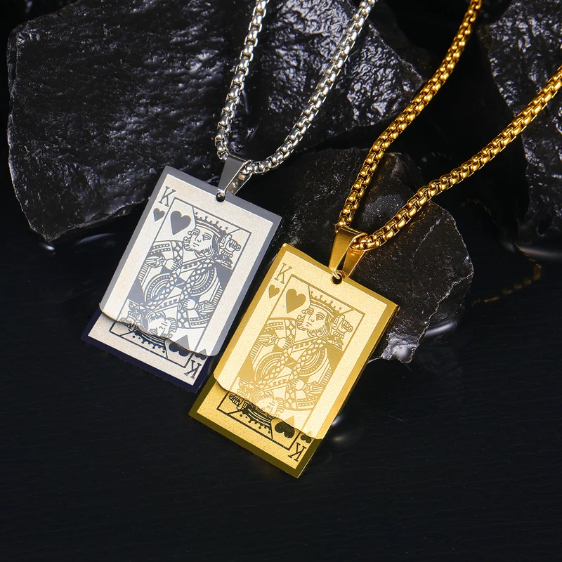 Playing Cards Necklace Men Stainless Steel Poker Pendant Necklace Punk Creative Jewelry Square Ace K Male Gift for Gambler Gift
Playing Cards Necklace Men Stainless Steel Poker Pendant Necklace Punk Creative Jewelry Square Ace K Male Gift for Gambler Gift